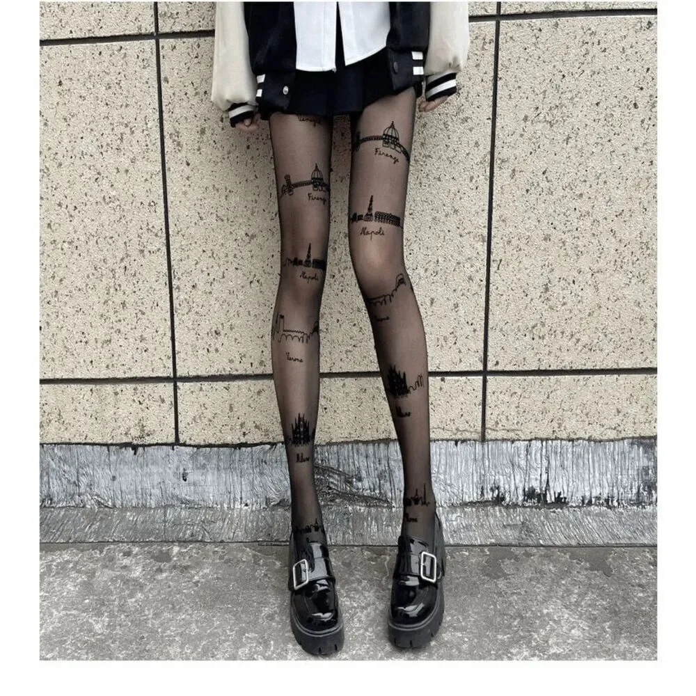 🏙️ Travel Cities Tattoo Printed Tights Black Sheer Nylon Pantyhose Hosiery NEW
